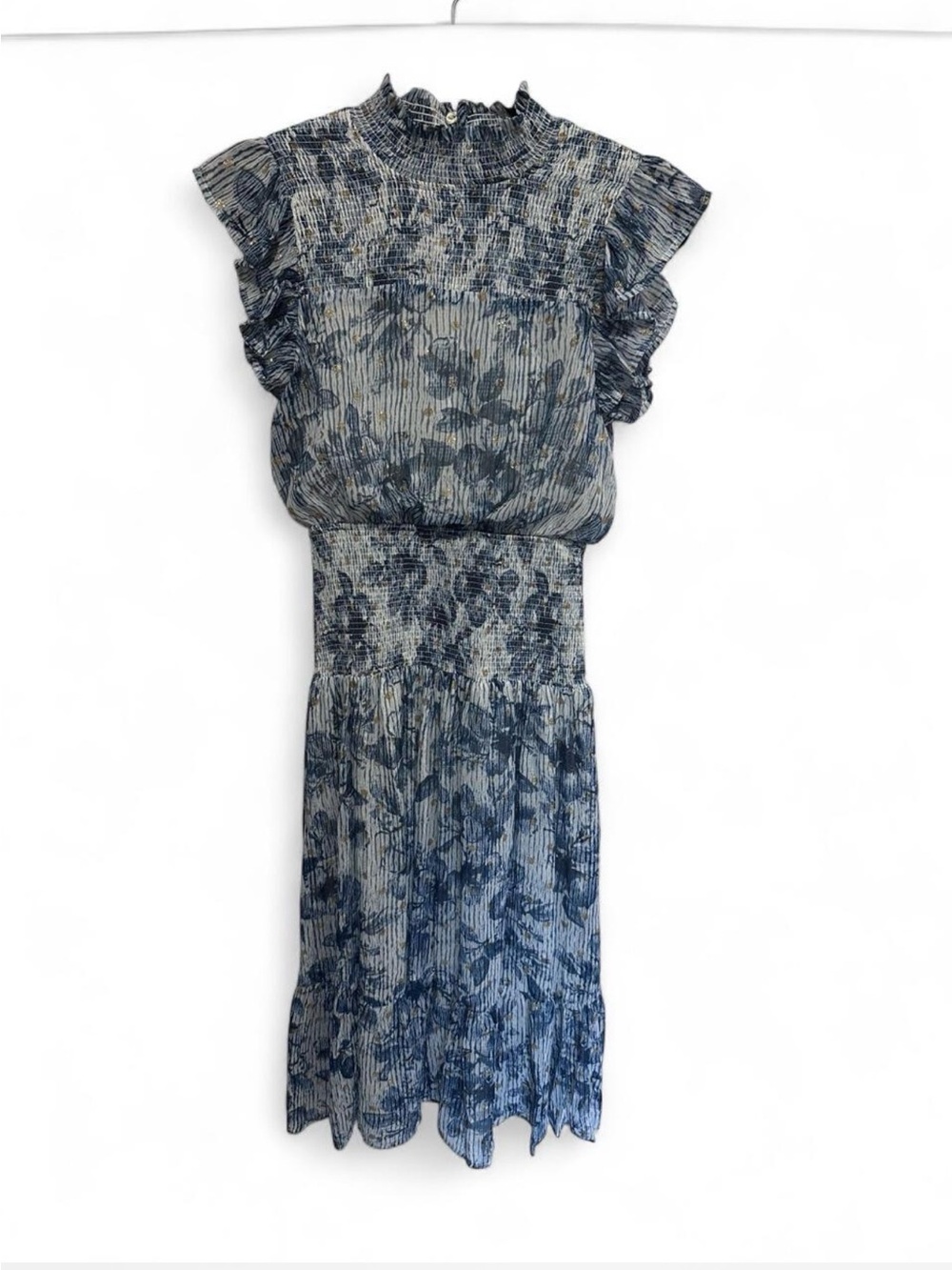 Aqua Blue Floral Smocked Midi Dress